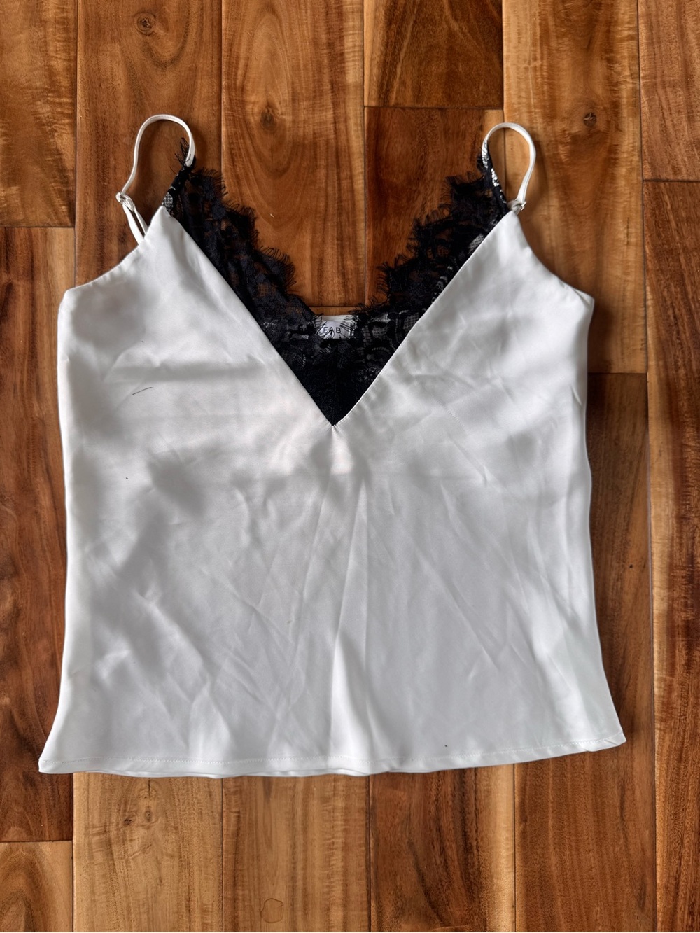 JustFab White Satin Cami with Black Lace Trim